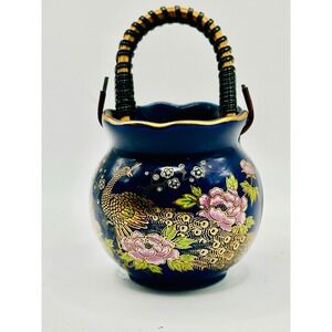 Vintage Japanese Kutani Blue Porcelain basket pot with Bamboo Handle Japan